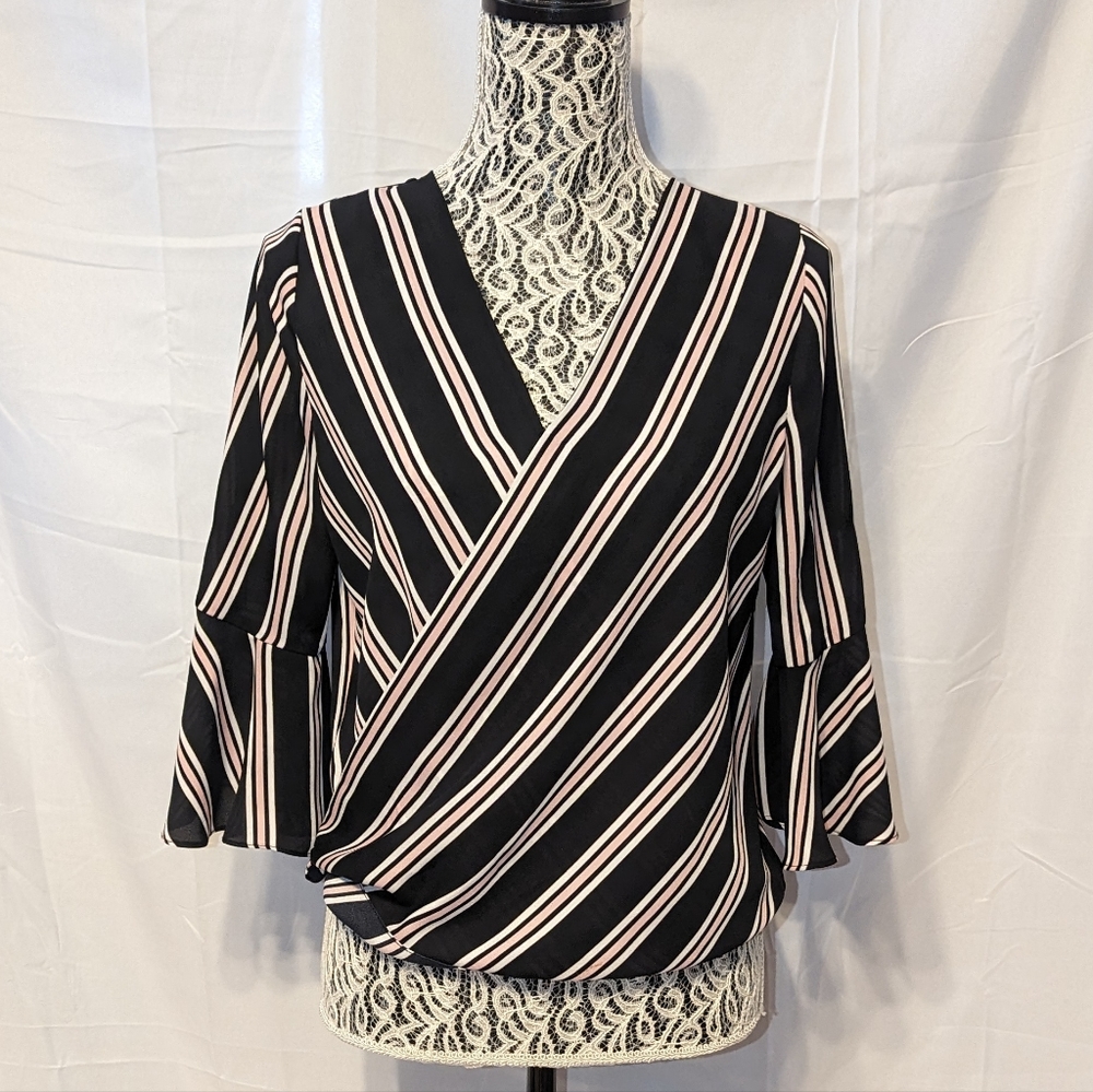 BCX Black Gray & Pink Striped Blouse!